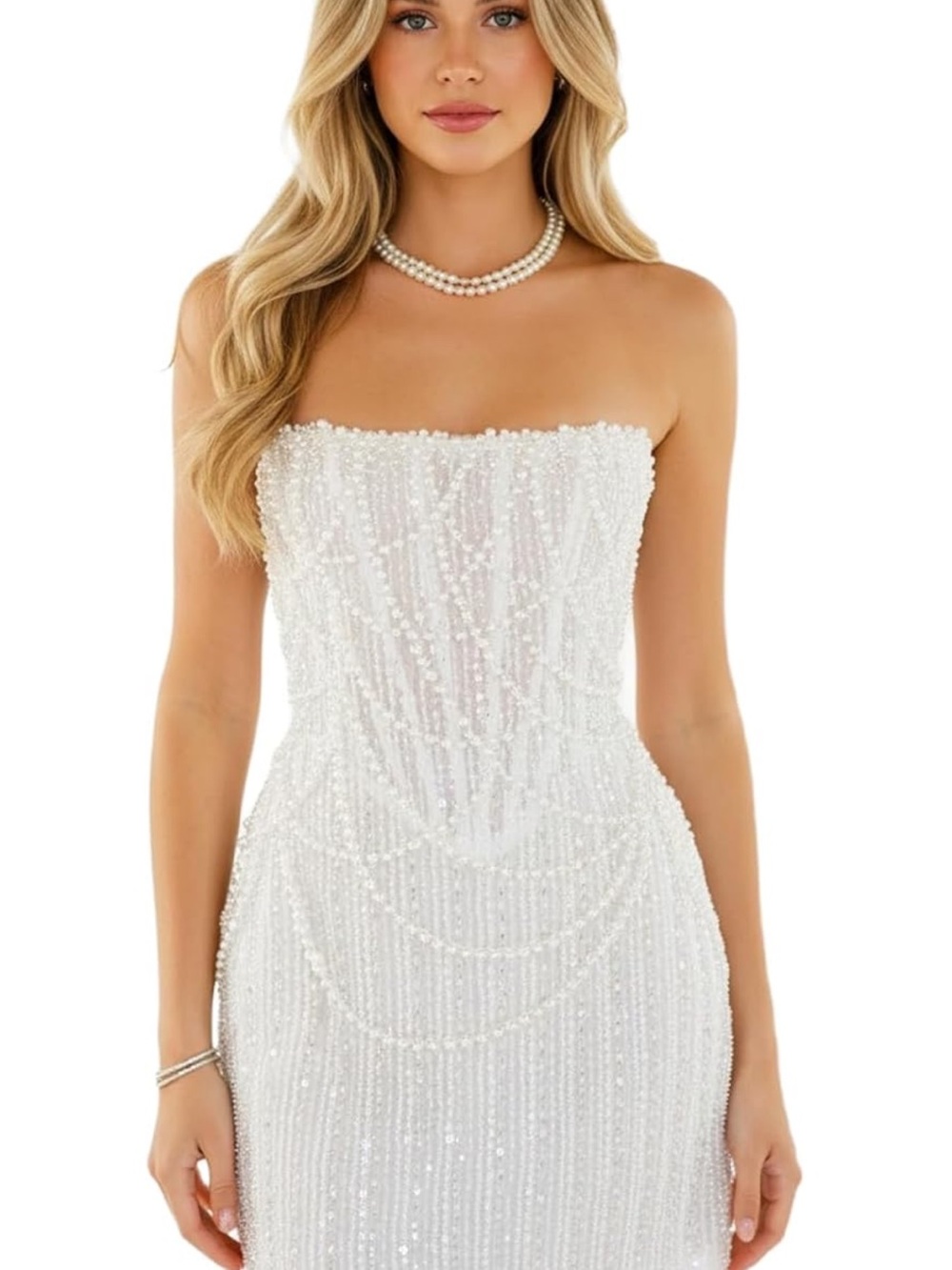 Strapless White Beaded Evening Dress